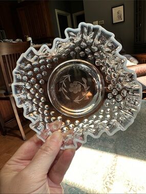Fenton Opalescent Hobnail Glass Ruffled Edge Dish - White Trim and Etched Floral